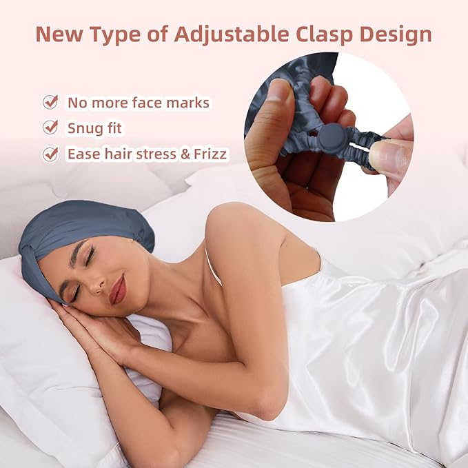 Adjustable Silk Satin Hair Bonnet for Sleeping Women, Double Layer, Silk Hair Wrap for Sleeping Women Men, Curly Natural Braid Straight Unisex - Slate Grey
