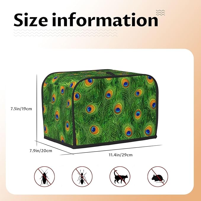 2 Slice Toaster Dust Cover Green Peacock Feathers, Small Kitchen Appliance Protector, Dust & Fingerprint Protection Washable Cover