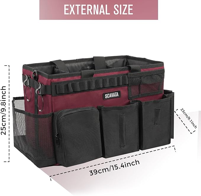 Wearable Cleaning Caddy Bag, Cleaning Caddy Supplies Organizer with Handle & Shoulder Straps for Housekeepers, Under Sink & Car Cleaning Tool Organizers with 4 Foldable Divider (Magenta)