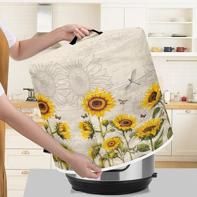 Air Fryer Pressure Cooker Dust Cover, for 8 Qt Kitchen Appliance Cover, with Top Handle and Accessories Pockets for Home Decoration, Sunflower Dragonfly Retro