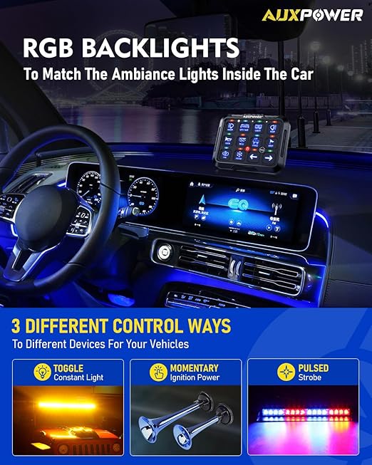 Auxpower RGB 12 Gang Switch Panel 3 Modes Toggle Momentary Pulsed Auxiliary Control Panel Automatic Dimmable Switch Pod Waterproof for Boat Truck Car RV Offroad