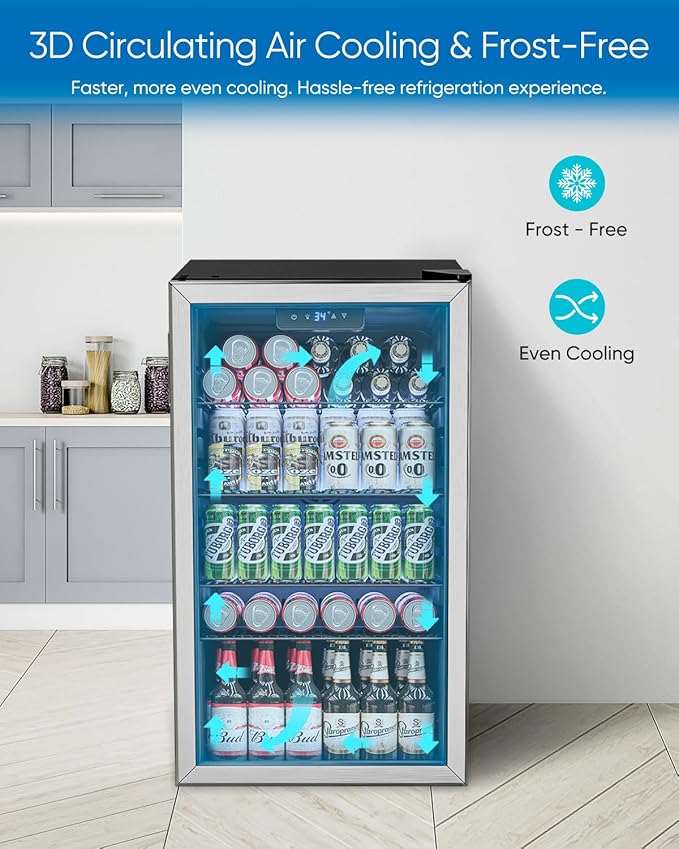 Beverage Refrigerator Cooler - 126 Can Mini Fridge Glass Door for Drinks Soda Beer Wine - Small Refrigerator for Office Bedroom Home Bar, 4 Adjustable Shelves, 3.2 Cu.Ft, Silver
