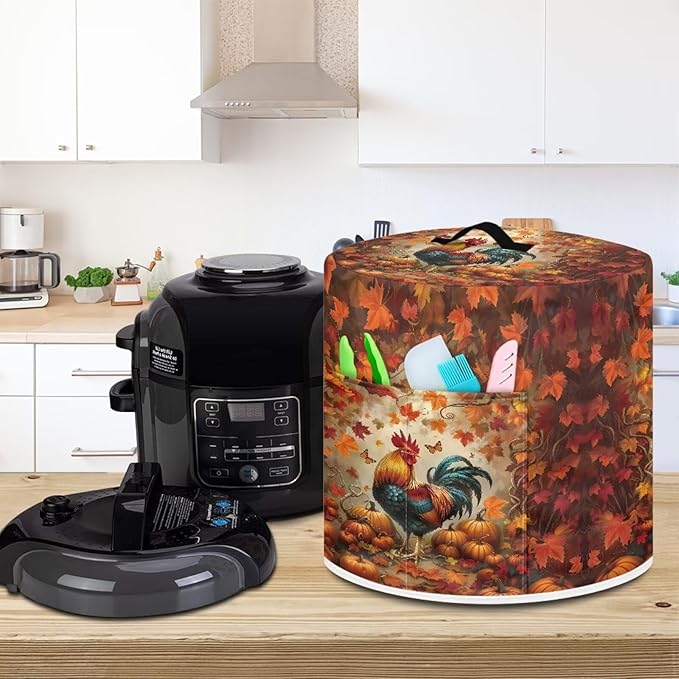 Xoenoiee Rooster Maple Leaf Kitchen Appliance Dust Cover with Pockets, Electric Pressure Cooker Cover Compatible with Crock Pot, Rice Cooker Covers Fall Decor, for 6 Qt Pot