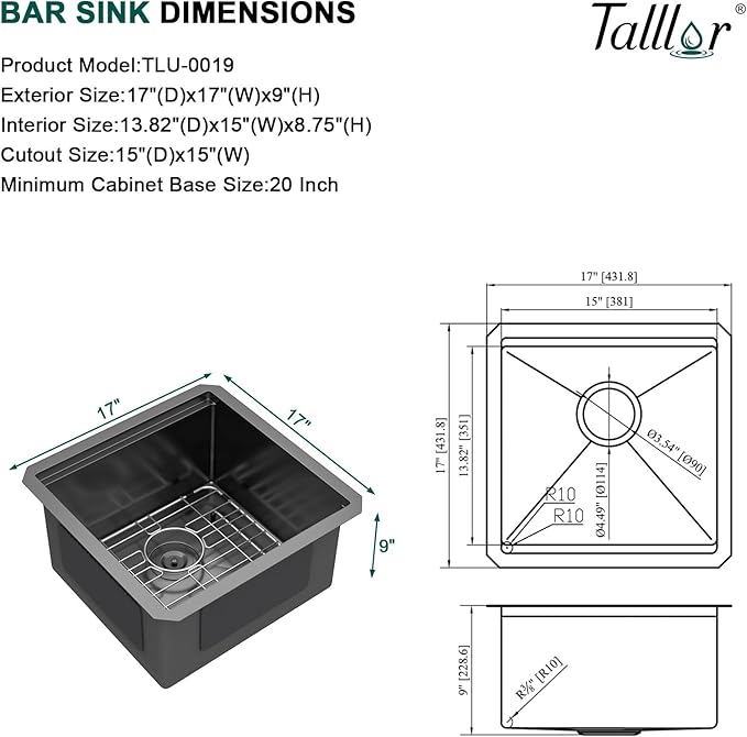 Undermount Bar Sink - 17x17 Inch Workstation Black Bar Sink Stainless Steel Small Wet Prep Sinks 16 Gauge Single Bowl Under Counter Camper Sink with Cutting Board and Assembly #TLU-0019