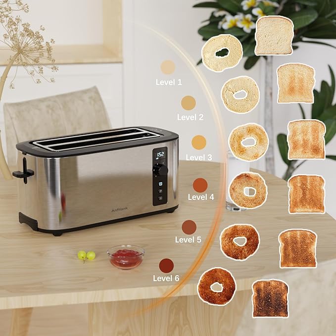 Toaster 4 Slice with Countdown Timer, Extra Wide Slots for Bagels and Waffles, 6 Browning Settings, Removable Crumb Tray, Stainless Steel
