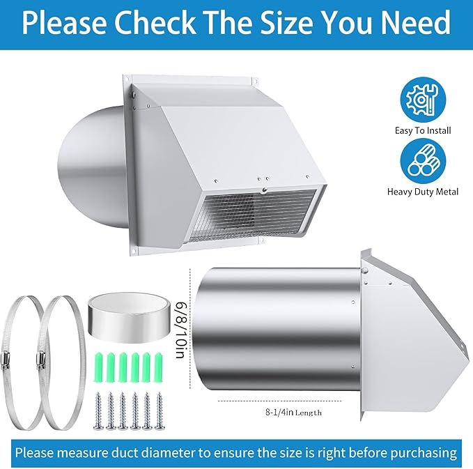 10 Inch Hooded Wall Vent with Screen and Damper,Wall Exhaust Vent Cover Cap,Dryer Vent Cover Outside,External Extractor Wall Vent Hood for House Kitchen Range Hood Air Ventilation White