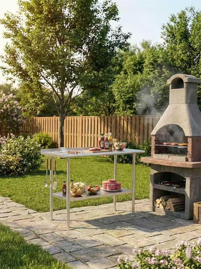 Stainless Steel Prep Table for Work, 24 * 36 Inch, High Load Bearing with Rounded-Corner Backsplash and Undershelf for Outdoor, Restaurants, Workshops, Kitchens, Garages and Gardens