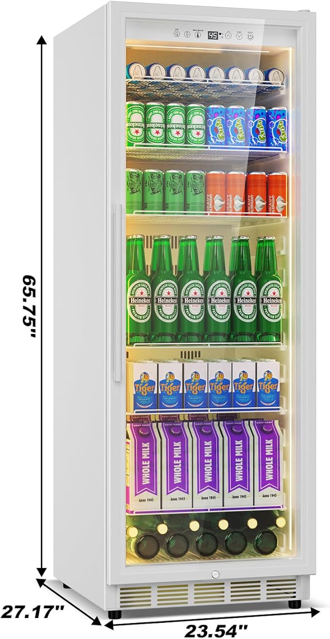Commercial Display Beverage Fridge: 13.8 Cu Ft Upright Cooler with Glass Door, LED Lighting, Low Noise, and Rapid Cooling for Restaurants, Shops, and Offices (White)
