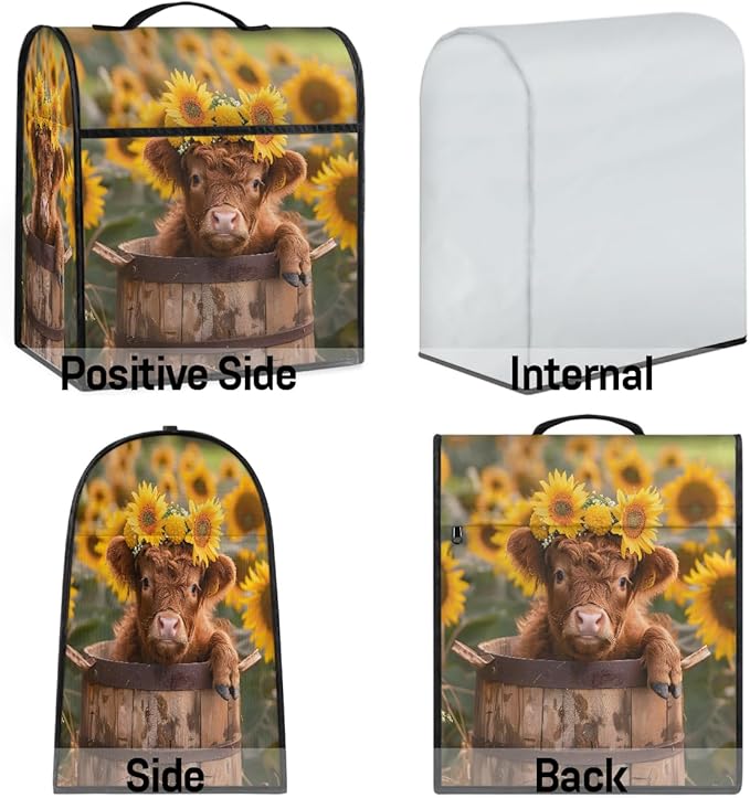 Kitchen Aid Mixer Cover Sunflowers Cute Highland Cow Stand Mixer Cover Compatible with 6-8 Quarts Stand Mixers, Dust Covers with Zipper Pocket Foldable Washable Kitchen Aid Organizer Bag