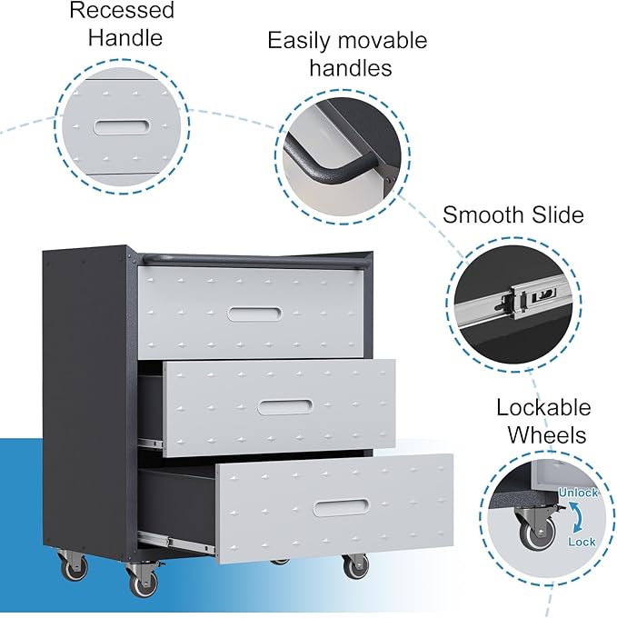 Metal Garage Cabinet on Wheels, Heavy Duty Steel Rolling Tool Cabinets with Drawers, Mobile Tool Cart Garage Storage Cabinets for Warehouse Basement, Assembly Required
