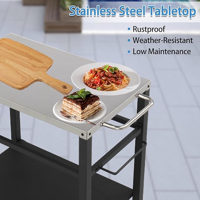 ROVSUN Gourmet Rolling Grill Cart Table with Double-Shelf, Stainless Steel Tabletop, Hooks, Side Handle, Pizza Oven Cart for Camping, Party, Tailgating, and Outdoor Cooking, Portable, Black and Silver