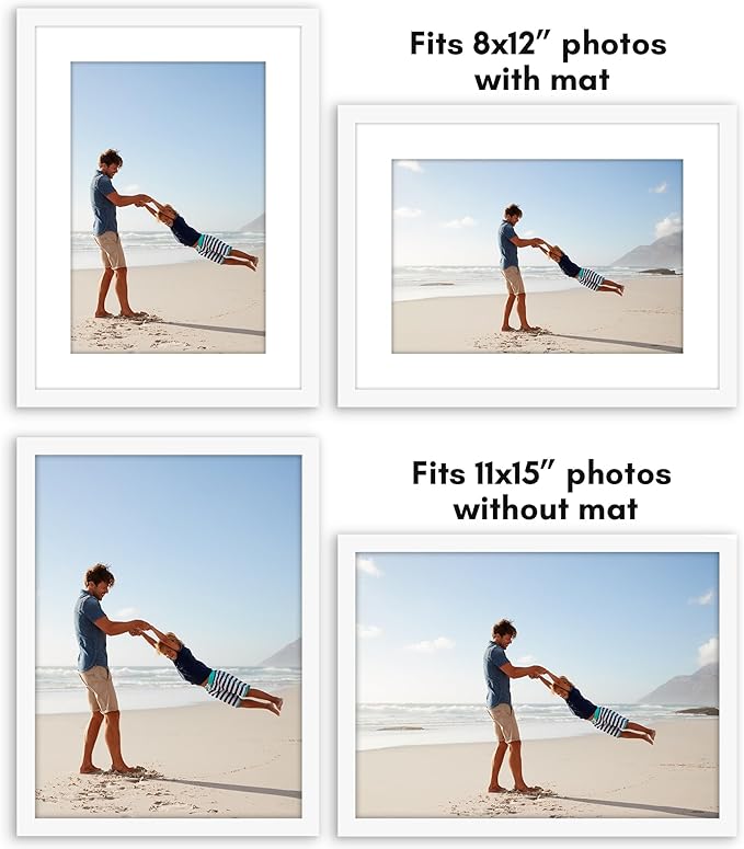 Americanflat 11x15 Picture Frame with Polished Plexiglass - Set of 5 - Use as 8x12 Frame with Mat or Display 11x15 Photo Without Mat - Galleria Collection - Picture Frames for Wall Display - White