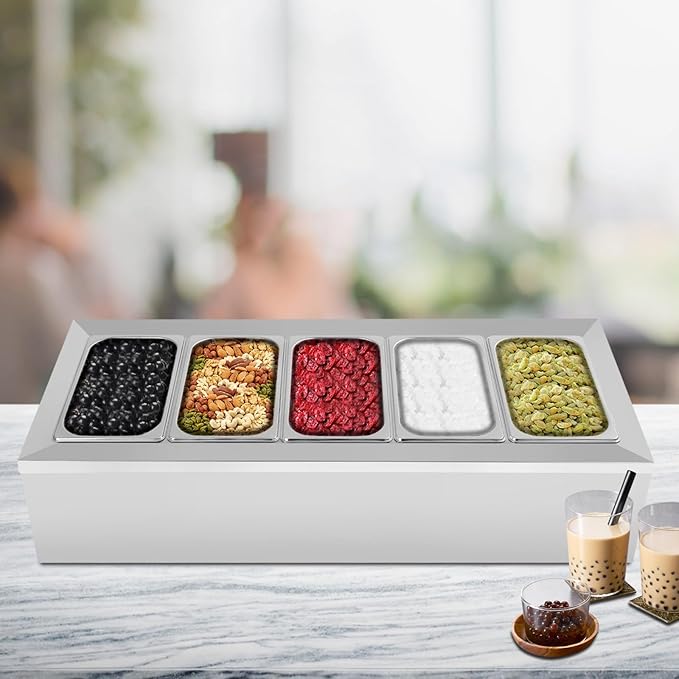 Pizza Topping Station with 5 Pans & Lids, Stainless Steel Condiment Prep Station Food Container Pans, (Country Rustic)