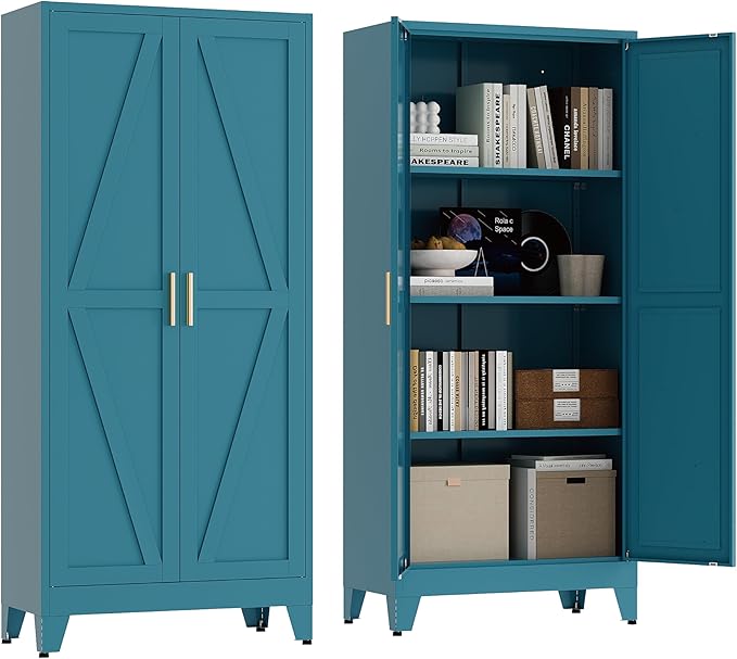 61" Tall Pantry Cabinet, White Metal Pantry Storage Cabinet, Kitchen Pantry Storage Cabinets with 2 Door and 3 Adjustable Shelves (Blue, 61" H)