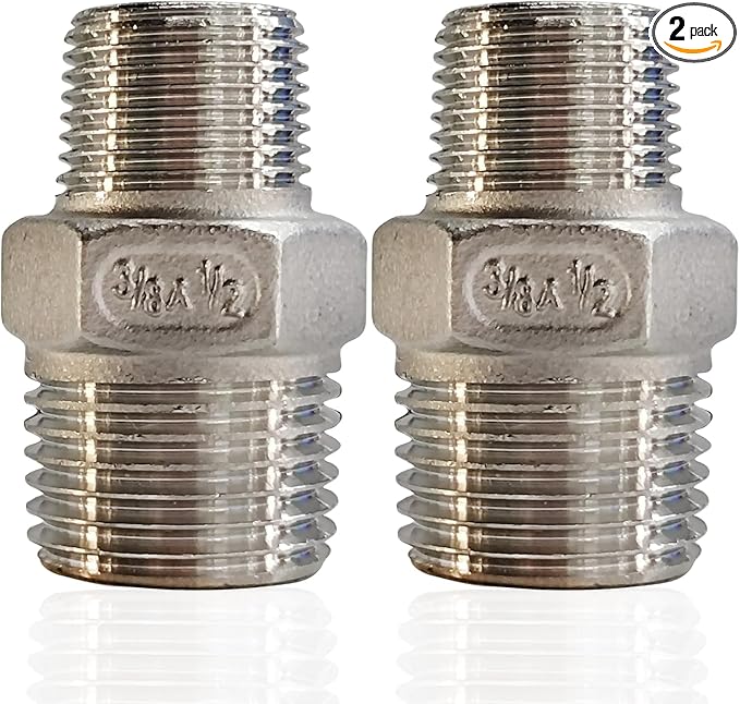 1/2" x 3/8" Reducing Hex Nipple, 304 Stainless Steel NPT Male Pipe Fitting Reducer Nipple Adapter 2000psi Reducer Connector Suit for 0.71" and 0.57" Pipe ID (1/2"x 3/8"MNPT)