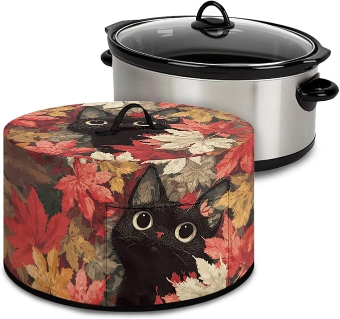 Black Cat Maple Leaf Print Slow Cooker Dust Cover Compatible with 6/7/8 Quart Slow Cooker Dust Proof Electric Slow Cooker Cover with Storage Pocket for Crock Pot Halloween Decor