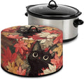 Black Cat Maple Leaf Print Slow Cooker Dust Cover Compatible with 6/7/8 Quart Slow Cooker Dust Proof Electric Slow Cooker Cover with Storage Pocket for Crock Pot Halloween Decor