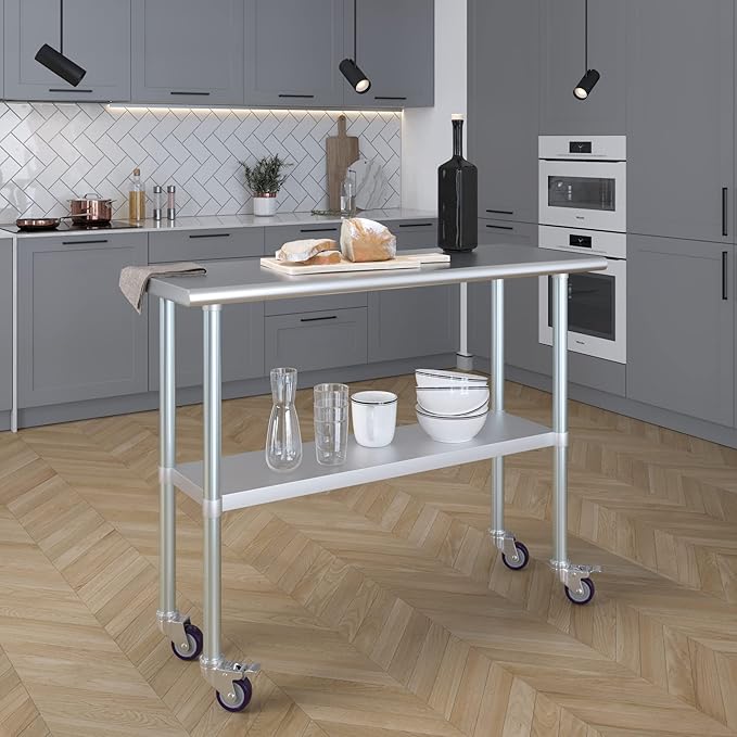 AmGood 48" Long x 18" Deep Stainless Steel Table with Casters