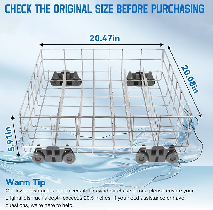 Upgraded W10311986 W10380384 Dishwasher Rack, W11158802 Dishwasher Lower Dishrack with 4 Lower level rack wheels, replacement for Whirlpool Dishwasher, 20.5" x 20.5" x 5.9" Material Upgrade