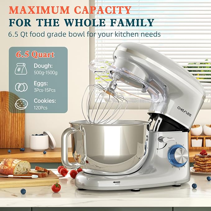CHeflee Stand Mixer,660W 6+P With 6.5QT Stainless Steel Bowl,Dough Hook, Wire Whip & Beater,for Most Home Cooks-Silver
