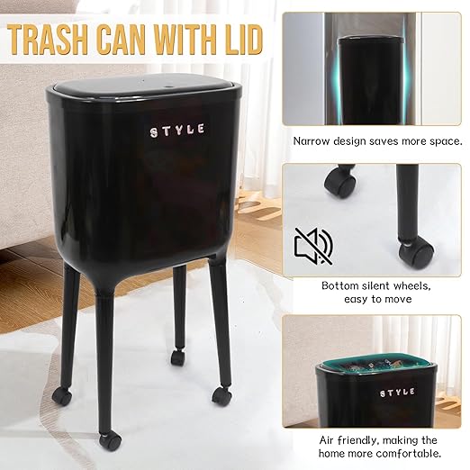 XPIY 4 Gallon Trash Can with Wheels and Lid, Modern Narrow Garbage Can with Raised Legs, Space-Saving Rolling Dog-Proof Trash Bin for Bathroom, Kitchen, Bedroom, Office (1, Black-1)