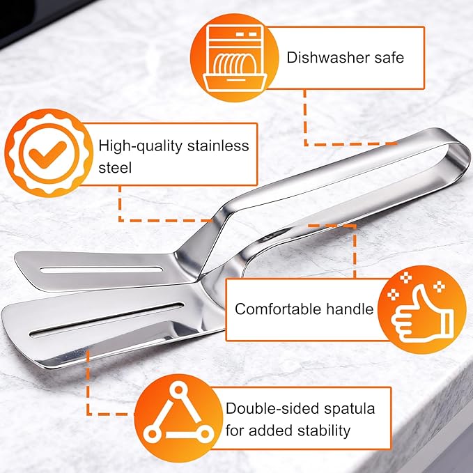 2Pcs Double-Sided Stainless Steel Grill Clamp Spatula, All-Purpose Shovel Clip, Upgrades Anti-Scald Extended Handle Spatula Tongs, for Grilling Meat, Fish and Pancakes with Non-Slip Grip