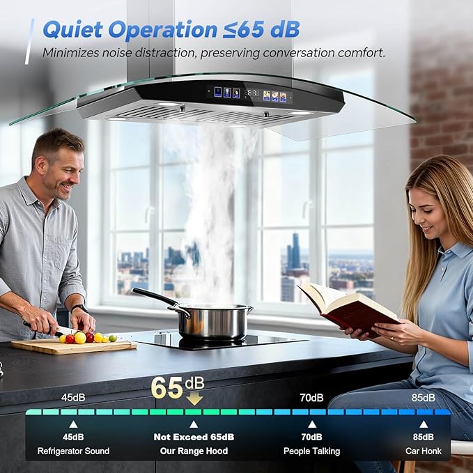 Island Range Hood 36 Inch 700 CFM, Ceiling Mount Kitchen Exhaust Hood with Gesture Sensing & Color Touch Control, Tempered Glass, 3 Speed Vent Fan, 4 LED Lights, Permanent Baffle Filters