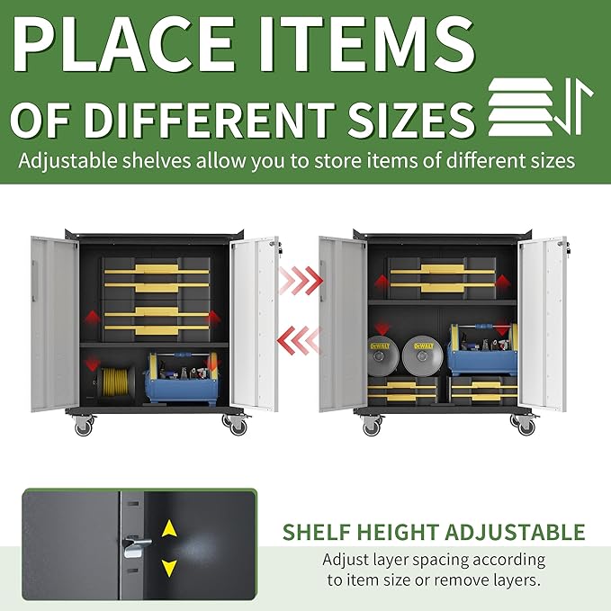 Metal Tool Cabinet,Garage Storage Cabinet System,Wall Cabinet & Locking Rolling Tool Cabinet with Doors and Adjustable Shelves,Steel Tool Cabinets for Home (2 Pcs-StyleB, Black & Grey)