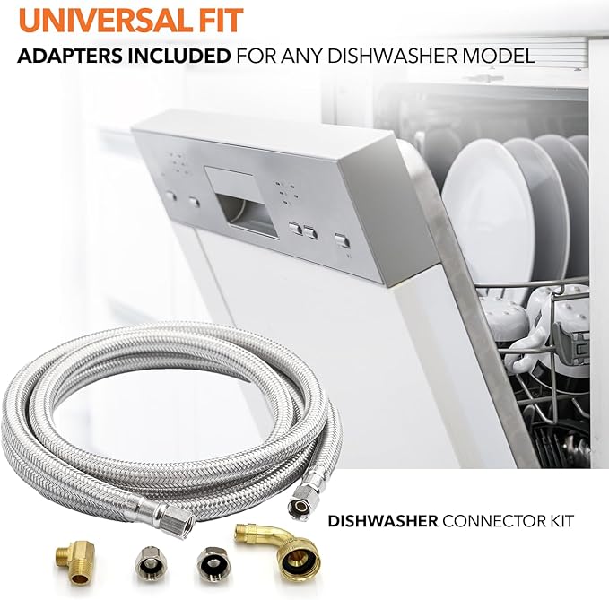 Universal Dishwasher Installation Kit, 3/8" Compression, 4ft long Braided Stainless Steel Hose + 3/4" Hose Bibb Elbow + 3/8" Compression Elbow & Compression Adaptor + 1/2" Compression Adaptor
