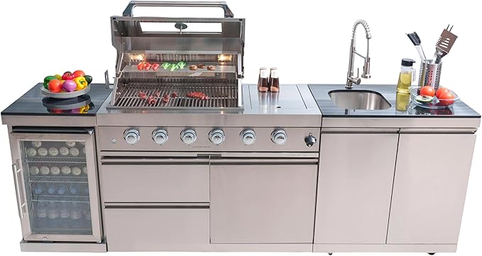 104 Inches 4-Burner 85,000 BTU Deluxe Stainless Steel Propane Gas Grill Outdoor Kitchen Island,Sink,Storage Cabinet and Beverage Refrigerator Storage&Drawers for Patio Backyard Cooking,Silver