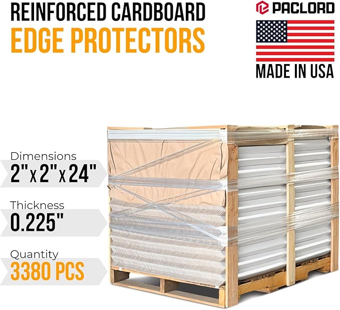 24" x 2" x 2" Reinforced Cardboard Edge Protectors, White (Pallet of 3380) – 0.225" Thick Extra Heavy-Duty Cardboard Corner Protectors – American Quality V-Board Pallet Edge Guard