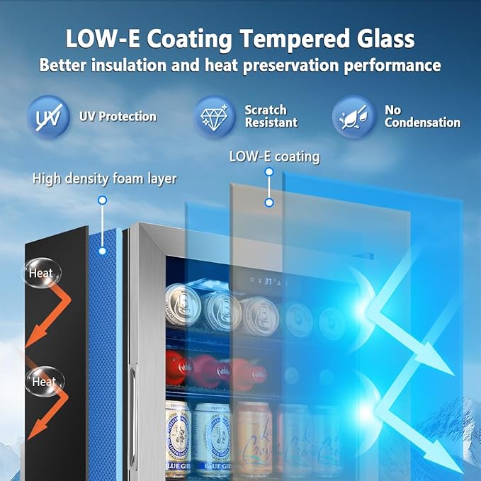 Tylza Beverage Refrigerator Cooler, 130 Cans 3.22 Cu.Ft Small Refrigerator with Low-E Glass Door, Lock, 17-Inch Beer Fridge for Drinks, Beer and Wine, Mini Fridge for Bedroom, Office and Bar, Silver