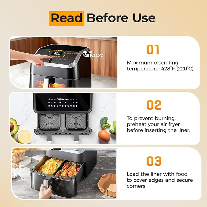 Air Fryer Liners Disposable for Dual Baskets, 200Pcs Rectangle Parchment Paper Liner for Ninja DZ201 DZ401, Chefman/COSORI 2-Basket Air Fryer, Oil Proof Baking Paper by Vailnd(8.6x5.5 Inch)