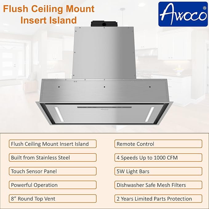 Awoco 36”W Flush Ceiling Mount Insert Island Range Hood, Stainless Steel 4 Speeds 1000 CFM, 8” Round Vent LED Lights Remote Control (36" 8" Vent)