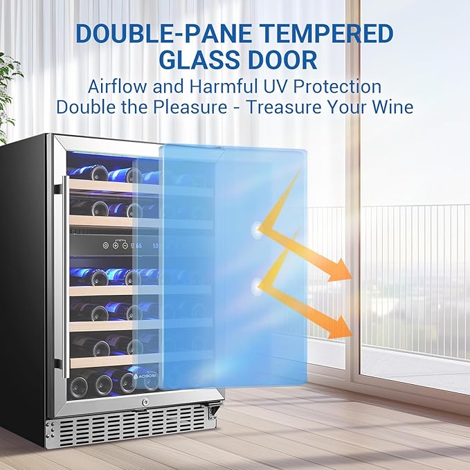 AAOBOSI Upgraded 24 Inch Wine Fridge, 48Bottles Wine Cooler with Dual Zone, Freestanding and Built-in Wine Refrigerator with Adjustable Shelves and Safety Lock, Double-Layer Glass Door, LED Light