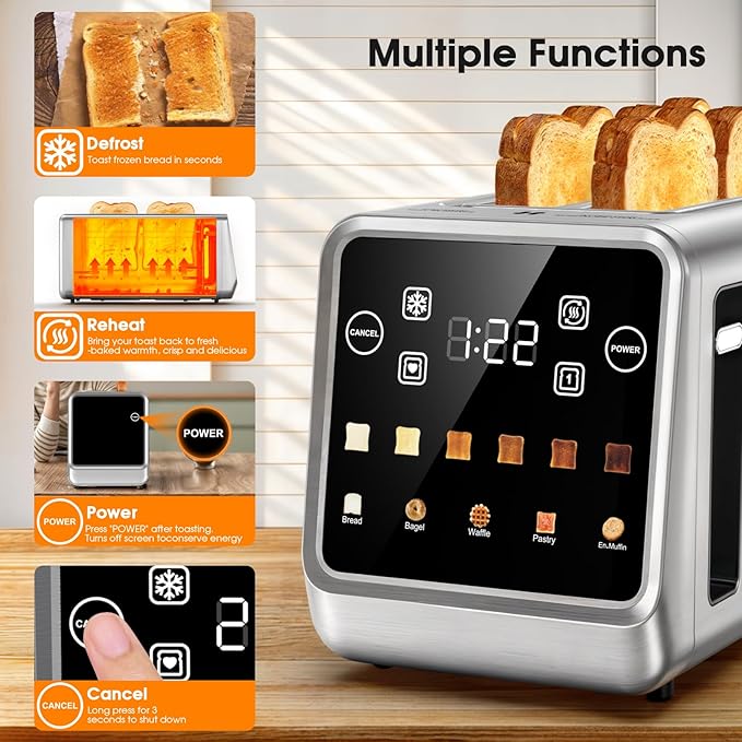 4-Slice Smart Toaster with Digital Touchscreen & 1-Touch Memory for Family | Stainless Steel, Extra-Wide Long Slots for Bagels & Artisan Bread | All-in-One Defrost, Reheat & Single-Slice Modes