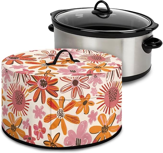 Doodle Daisy Floral Print Slow Cooker Dust Cover Compatible with 6/7/8 Quart Slow Cooker Dust Proof Electric Slow Cooker Cover with Storage Pocket for Crock Pot Decor