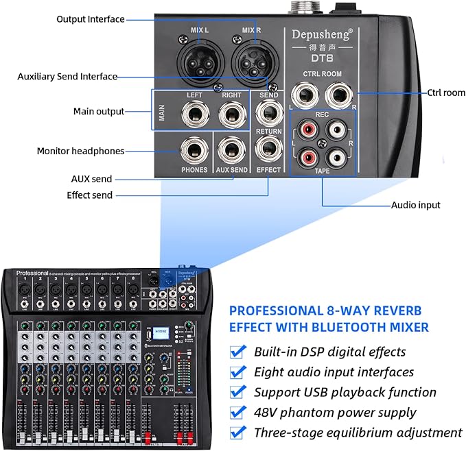 Depusheng DT8 Professional Mixer Sound Board Console 8 Channel Desk System Interface Digital USB Computer MP3 Input 48V Phantom Power Stereo DJ Studio FX Steel Chassis,Black