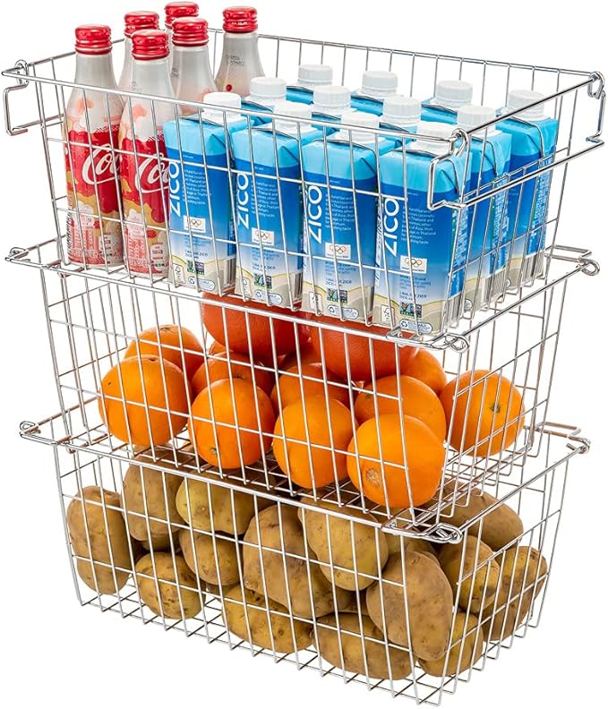SANNO Stackable Chest Freezer Baskets Organizer Bins, Stackable Wire Baskets For Pantry Storage and Organization With Sturdy Metal Food Baskets Pantry Organized,set of 3