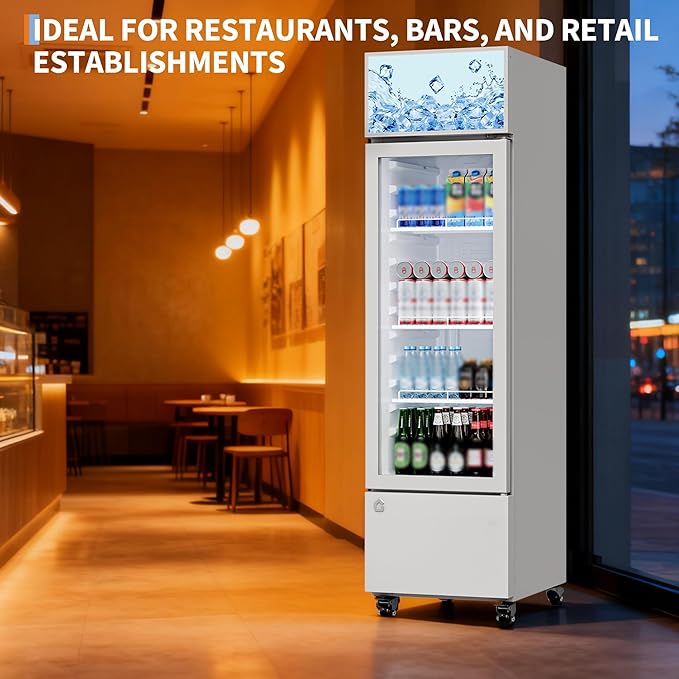 6.1 Cu.Ft. Commercial Glass Door Beverage Cooler, Frost-Free Display Fridge, 360° Cooling, Adjustable Shelves, Energy-Saving Upright Drink Refrigerator with Wheels