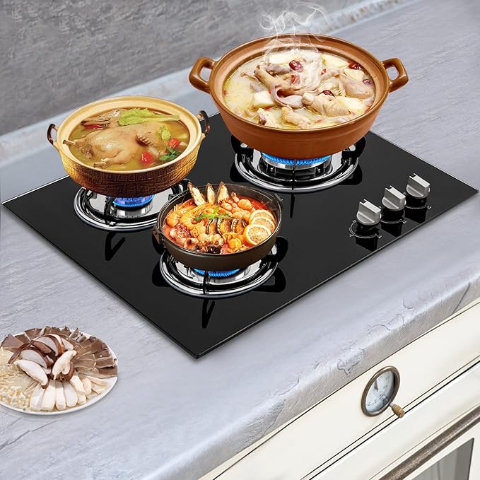 Built-in Gas Cooktop,3 Burners Gas Stovetop,NG Cooktops with Glass panel,countertop with Auto Shutoff, Hob for kitchen