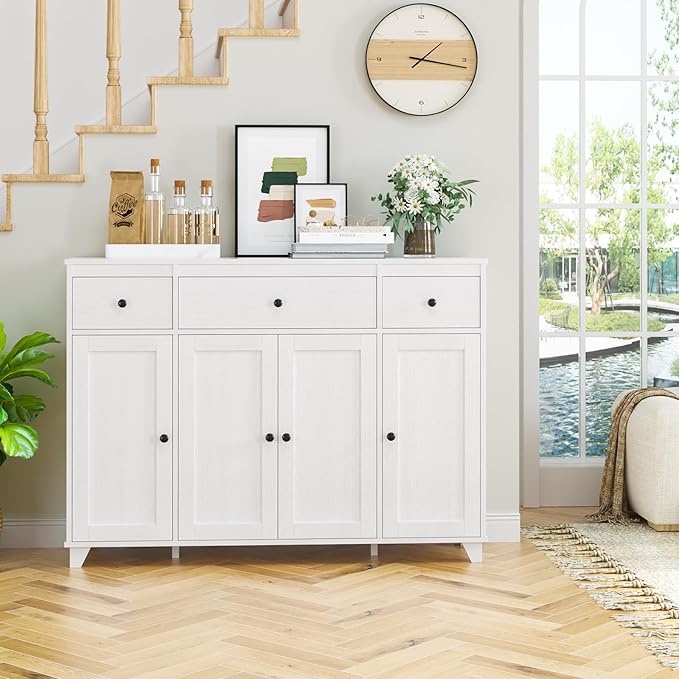 HIFIT Buffet Cabinet White Sideboard Storage Cabinet with 3 Drawers & 4 Doors Adjustable Shelves, 47” Modern Coffee Bar Cabinet, Wood Accent Cabinet for Kitchen Cupboard Dining Living Room