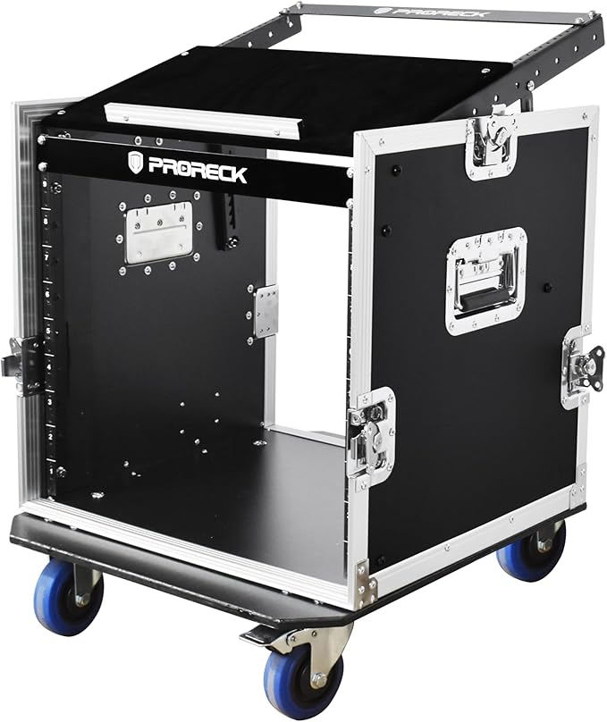 PRORECK 10U Rack/Road Case With Slant Mixer Top, And Casters, 20'' Rackable Depth, Plywood, 10U Installation Size, Pro Stage Performance.