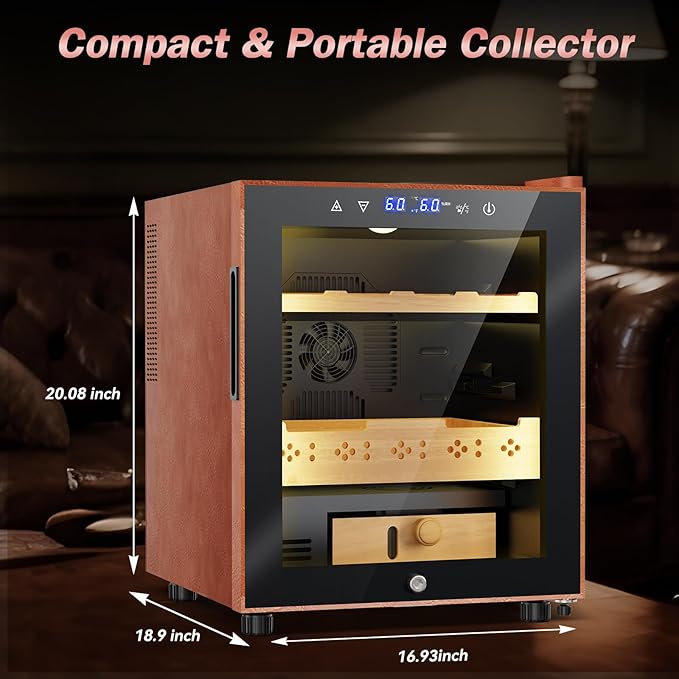 Electric Humidor with Leather-50L Cooling & Heating Humidor, Smart Touch Control Humidity & Temp, Humidors wtih Spanish Cedar Wood Tray, Digital Display, Safety Lock, Desktop Gift for Men