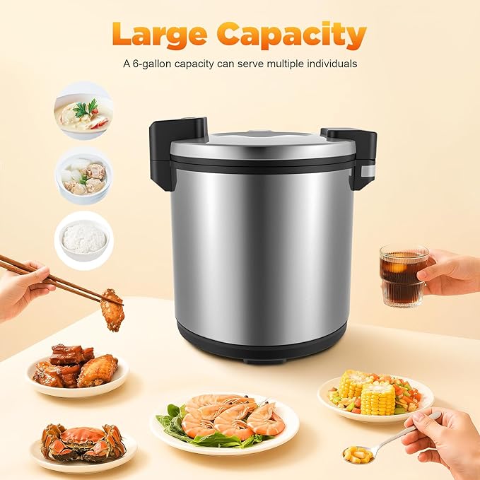 23L/6gal Commercial Rice Warmer with Nonstick Inner Pot and Rice Spoon, Large Capacity Soup Warmer, Stainless Steel Electric Food Warm for Home, Restaurant, Hotel Canteen