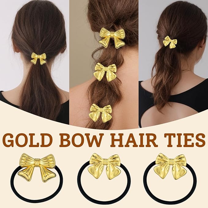 3PCS Gold Bow Hair Ties - Polished Metal Hair Cuffs, Elegant Ponytail Holders with Bow Shapes