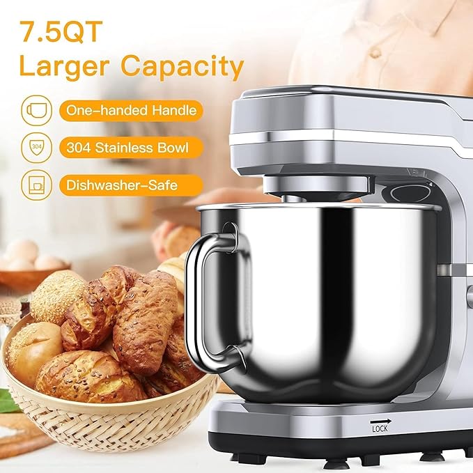 7.5QT Stand Mixer, 660W Powerful Electric Dough Mixer, 10-Speed Tilt-Head Kitchen Mixer with Stainless Steel Bowl, Whisk, Dough Hook, Beater, Splash Guard, Easy Clean, for Baking & Cooking
