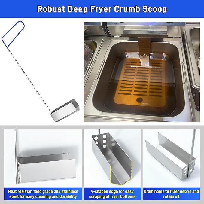 4 Pieces Fryer Cleaning Tool Sets, High Temp Deep Fryer Cleaner Kits Including Stainless Steel Crumb Scoop, L-Shape Fryer Cleaning Brush, Long Handle Basket Brush & Cleanout Rod for Commercial Kitchen