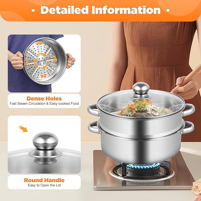 5 Tier Stainless Steel Steamer Pots Stackable Pan Steamer Cooking Pots Steam Canner with Lid Cookware Steaming Pots for Kitcken (26CM)