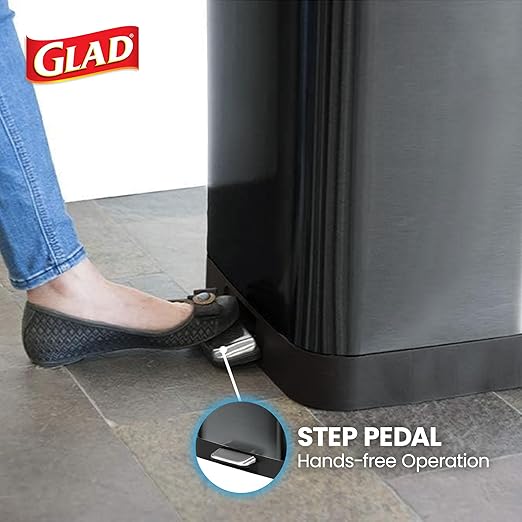 Glad Stainless Steel Step Trash Can with Clorox Odor Protection | Large Metal Kitchen Garbage Bin with Soft Close Lid, Foot Pedal and Waste Bag Roll Holder, 13 Gallon, Pewter
